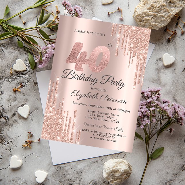 Convite Festa de 40 Anos com Brilho em Rose Gold (Criador carregado)