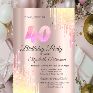 Convite Festa de 40 Anos com Efeito Ombre Brilho Drips em