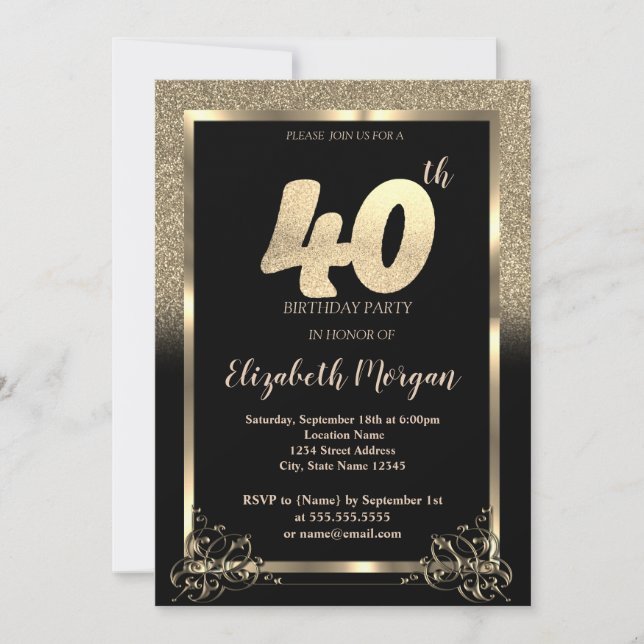 Convite Festa de 40 Anos com Gradiente de Brilho Dourado E (Frente)