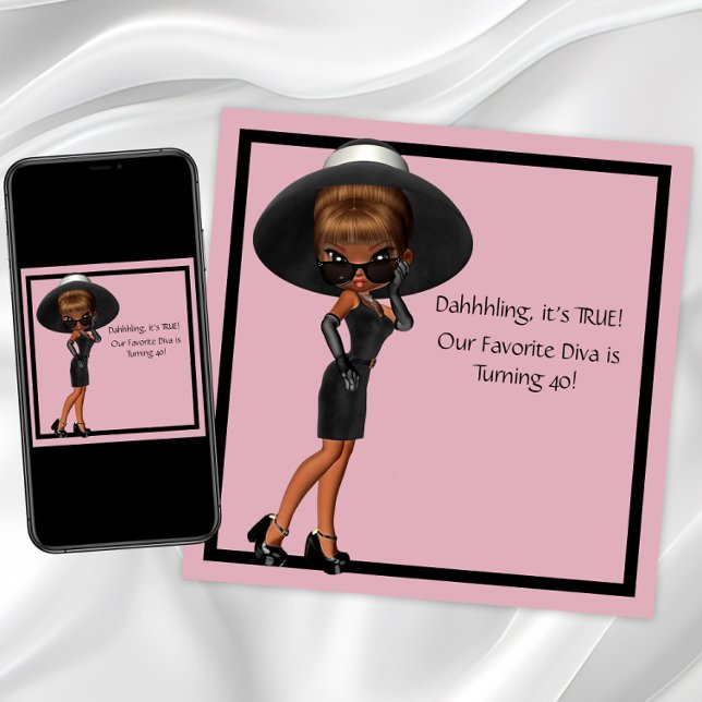 Convite Festa de 40 anos da Diva Mulher Negra Divertida Fa (Cute diva any birthday or event invitation. Instant download and printed invitations available.)