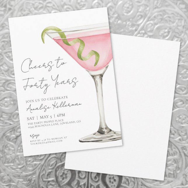 Convite Festa de 40 Anos de Pink Martini (Cheers To Forty 40th Birthday Party Invitation )
