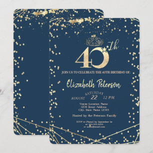 Convite Festa de 40 anos Diamantes Azul Marinho Dourado