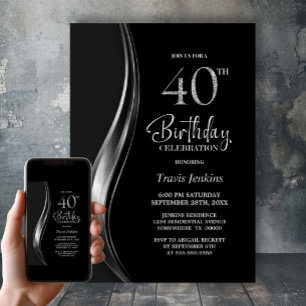 Convite Festa de 40 Anos Estilosa Preta e Prata