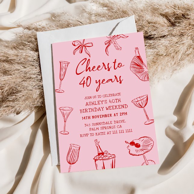 Convite Festa de 40 Anos Funky Desenhada à Mão Rosa (Criador carregado)