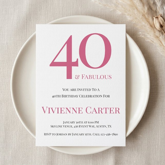 Convite Festa de 40 Anos Moderna e Fabulosa Rosa (Modern 40 and Fabulous Pink 40th Birthday Party Invitation)