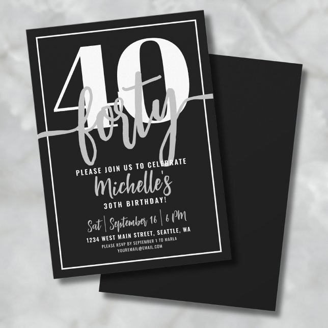 Convite Festa de 40 Anos Moderno Simples e Elegante Script (Modern Black 30th Birthday Party Invitation)