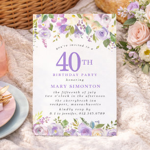 Convite Festa de 40 anos PETITE Rosa Floral Roxa