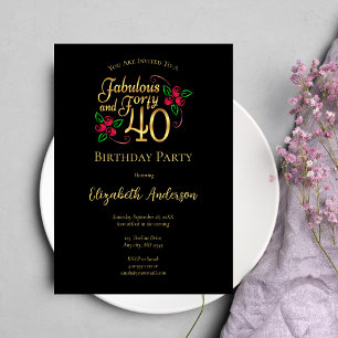 Convite Festa de 40 Anos Preto e Dourado com Rosas