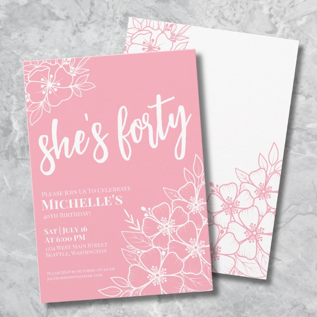 Convite Festa de 40 Anos Rosa (Floral Pink 40th Birthday Party Invitation)