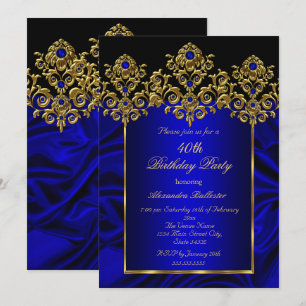 Convite Festa de 40 Anos Seda Azul Royal Joias Dourado