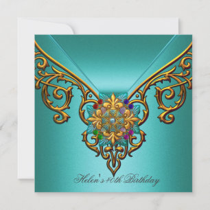Convite Festa de 40 Anos Teal Azul dourado jóia Renda