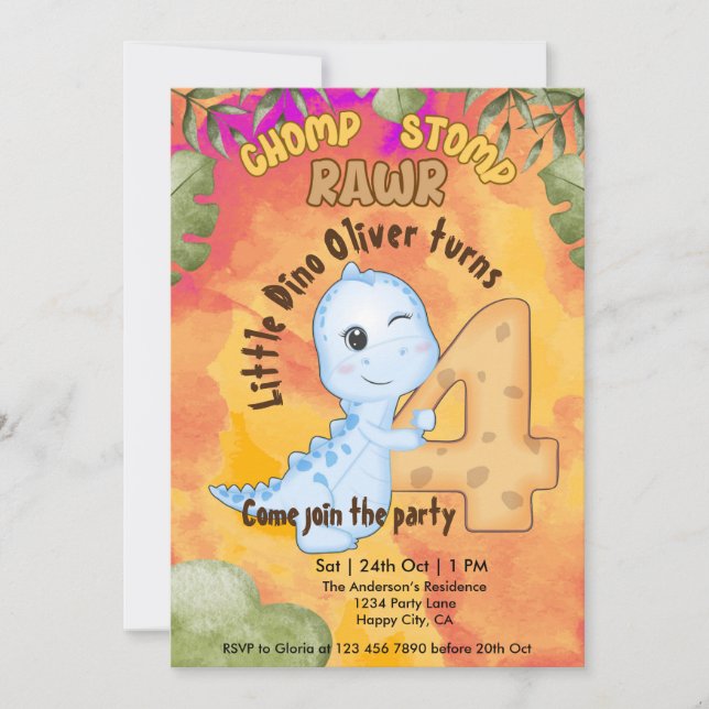 Convite Festa de 4 anos Dinosaur Stomp Chomp Rawr (Frente)