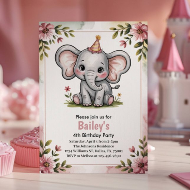 Convite Festa de 4 Anos Elefante Rosa Fofo Crianças (Criador carregado)