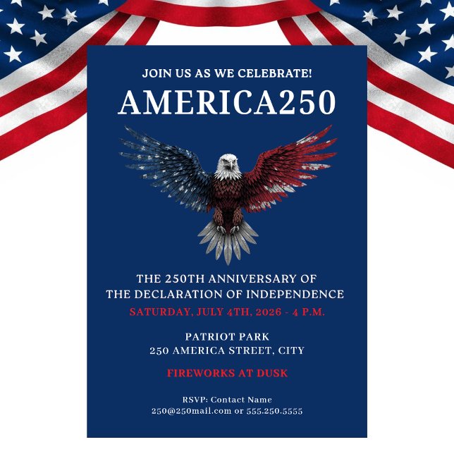 CONVITE FESTA DE 4 DE JULHO DA AMÉRICA250 (AMERICA250 PARTY JULY 4TH CELEBRATION INVITATION)