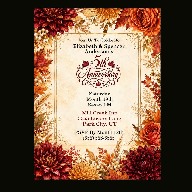 Convite Festa de 5º Aniversário de Luxo Outono (Luxury Fall 5th Anniversary Party Invitation.)