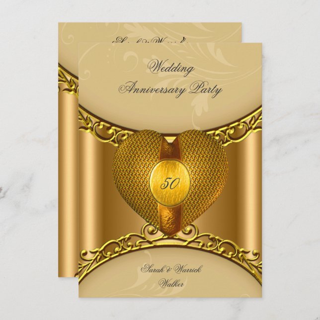 Convite Festa de 50º Aniversário Coração Dourado Elegante  (Frente/Verso)