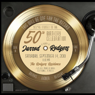 Convite Festa de 50º Aniversário Disco de Vinil Dourado Pr