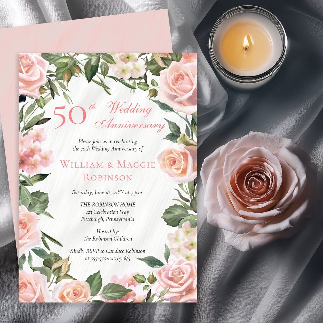 Convite Festa de 50º Aniversário do Casamento de Pink Eleg (Elegant Pink Roses Floral Frame 50th Wedding Anniversary Party Invitation - Print | Digital Download)