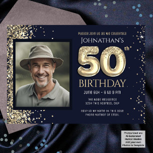 Convite Festa de 50 Anos Azul Dourado Brilho