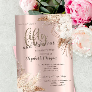 Convite Festa de 50 Anos Chic Boho Flores Dourado Rosa