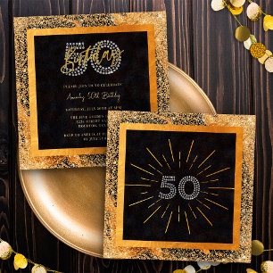 Convite Festa de 50 Anos Chic Glitter Preto e Dourado