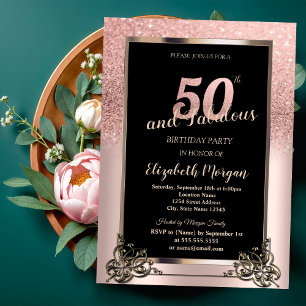 Convite Festa de 50 Anos Chic Rose Gold Glitter Ombre