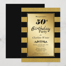 Convite Festa de 50 Anos com Listras Pretas e Douradas