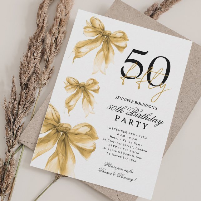 Convite Festa de 50 Anos Coquette Aquarela Dourada (Gold Watercolor Coquette Bow 50th Birthday Party Invitation)