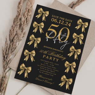 Convite Festa de 50 anos Coquette Bow Save Date em Dourado
