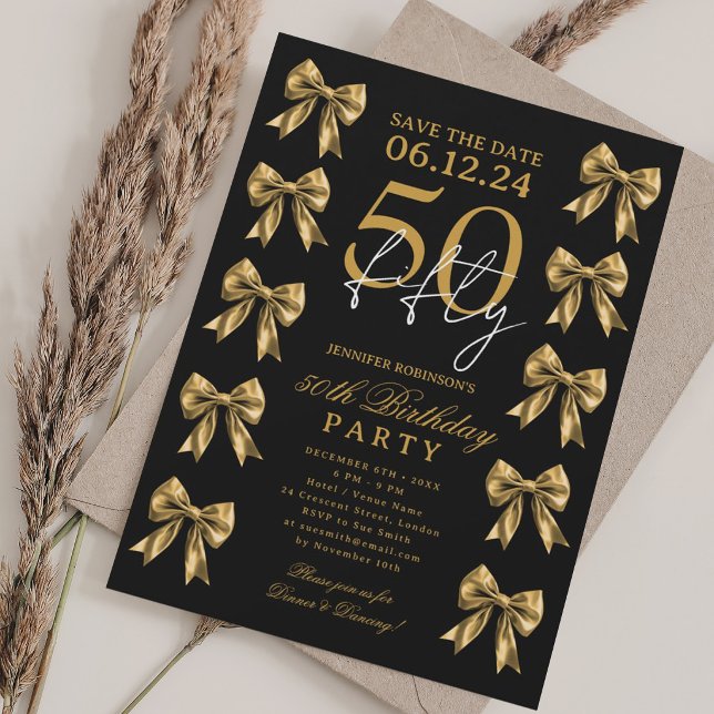 Convite Festa de 50 anos Coquette Bow Save Date em Dourado (Gold Coquette Bow Save Date 50th Birthday Party Invitation)