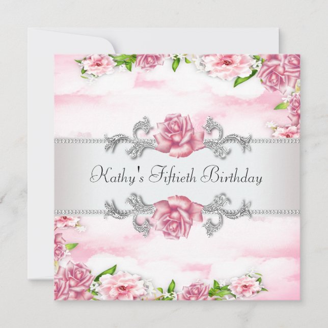 Convite Festa de 50 anos da mulher com rosa rosa (Frente)