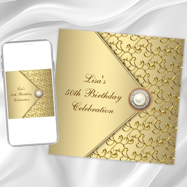 Convite Festa de 50 Anos da Mulher Pérola Dourada (Elegant gold birthday and any event invitation. Instant download and printed invitations available.)