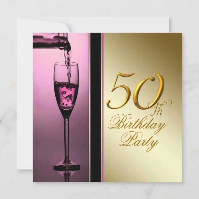 Convite Festa de 50 anos da mulher rosa e dourado (Frente)
