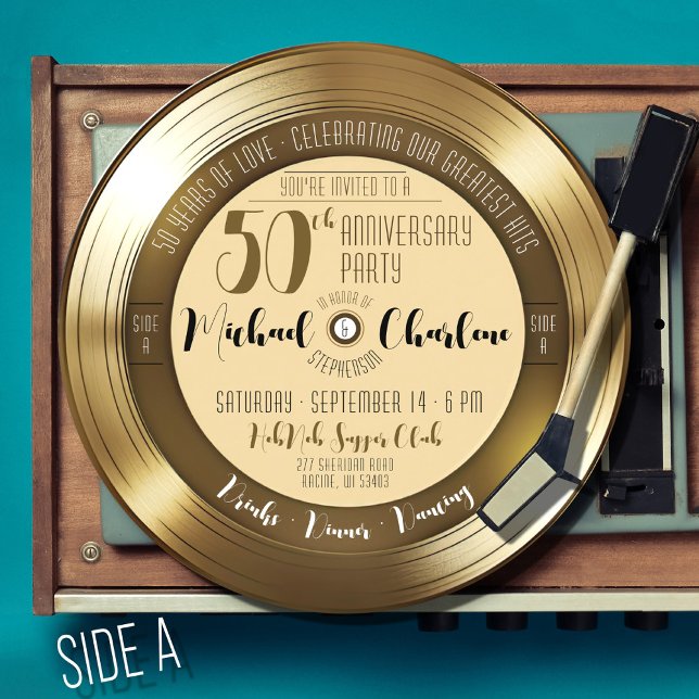Convite Festa de 50 anos de Foto do Registro Dourado Retro (Black and gold vinyl record music theme fiftieth 50th wedding anniversary photo celebration)
