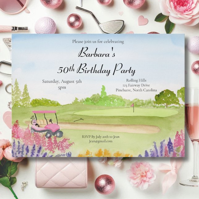 Convite Festa de 50 Anos de Idade Carrinho de Golfe Rosa C (Criador carregado)