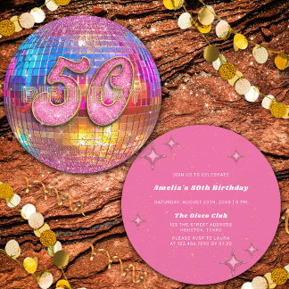 Convite Festa de 50 Anos de Idade Dourado Rosa Brilho Bola