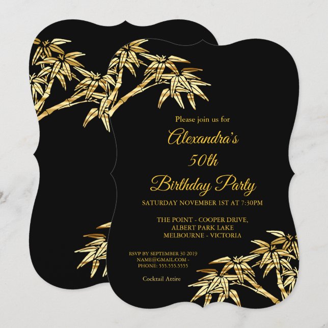 Convite Festa de 50 Anos Dourado Bambu Preto (Frente/Verso)