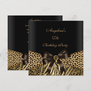 Convite Festa de 50 Anos Dourado Leopardo Marrom Preto