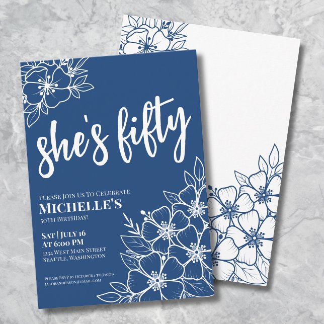 Convite Festa de 50 Anos Fifty Blue (Elegant Fifty Blue 50th Birthday Party Invitation )