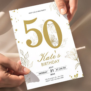 Convite Festa de 50 Anos Floral Dourada Elegante Marco Com