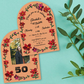 Convite Festa de 50 anos Laranja Fantasia Desenho Flor