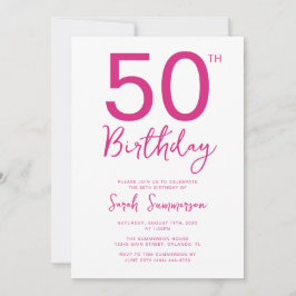 Convite Festa de 50 Anos Minimalista Rosa e Branco com Let