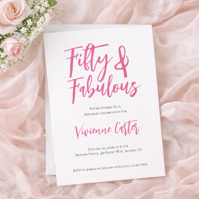 Convite Festa de 50 Anos Moderna e Fabulosa Rosa (Fifty & Fabulous Birthday Invitation for 50th Birthday)