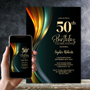 Convite Festa de 50 Anos Moderna Preta e Dourada