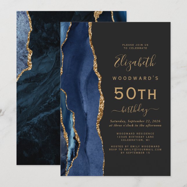 Convite Festa de 50 Anos Navy Blue Gold Agate Dark (Frente/Verso)