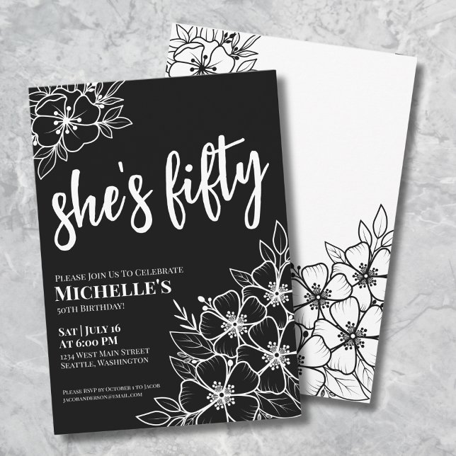 Convite Festa de 50 Anos Preto e Branco (Floral Fifty Black White 50th Birthday Party Invitation)