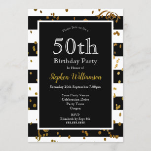 Convite Festa de 50 Anos Preto e Branco   Brilho Dourado