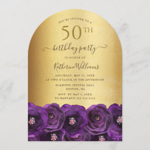Convite Festa de 50 Anos Purple Rose Floral Gold