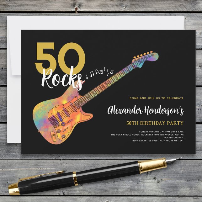 Convite Festa de 50 Anos Rock and Roll (50 Rocks cool guitar 50th birthday party black and gold invitation )