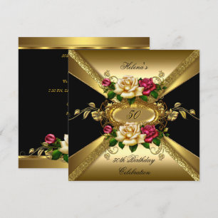 Convite Festa de 50 Anos Rosas Vermelhas Creme Dourado